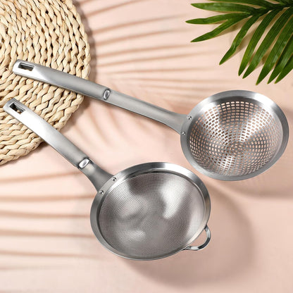 2 Pcs Large Holes Slotted Colander Frying Spoon Set With Handle, Fine Mesh Stainless Steel Sieve Food Strainer, Spider Strainer Skimmer, Handheld For Kitchen Cooking Tool