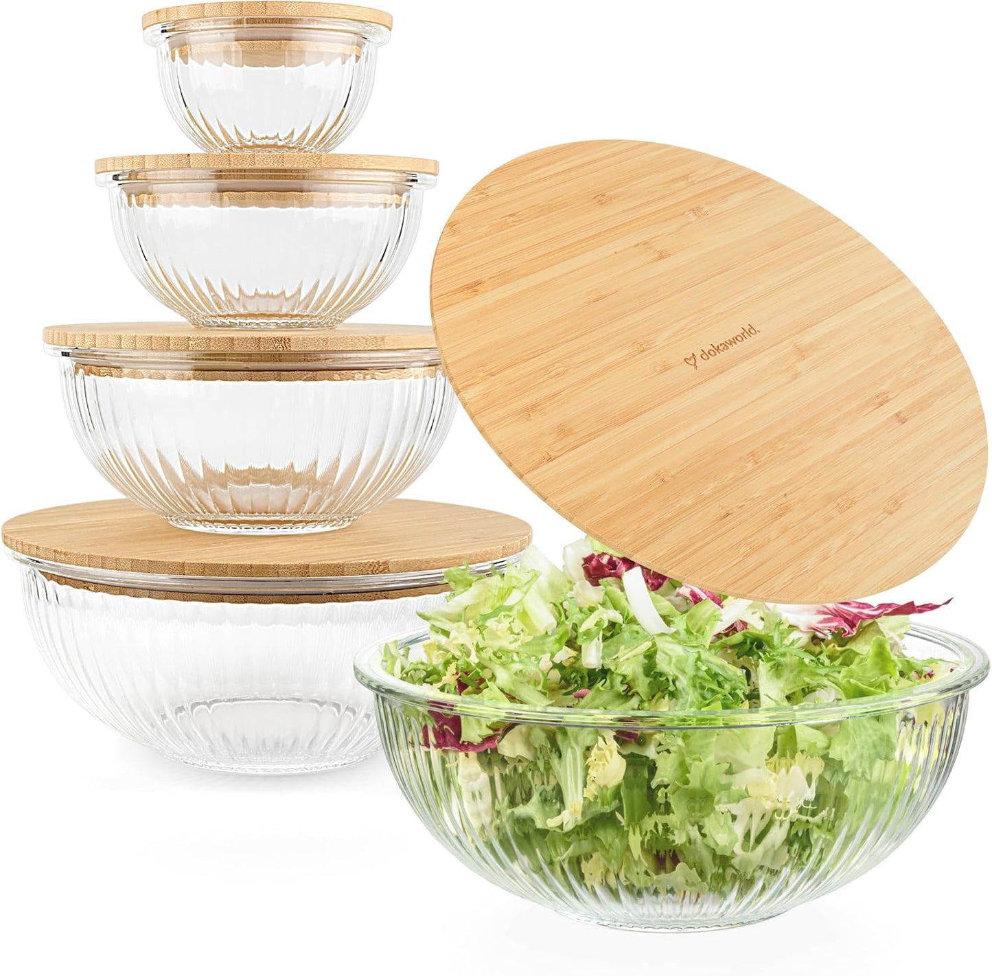 Set of 5 Nesting Glass Bowls with New Updated Acacia Lids for Foodprep, Storage, Mixing & Cooking - Microwave & Oven-ready BPA Free Durable Heat Resistant Inert Borosilicate Glass