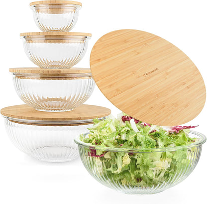 Set of 5 Nesting Glass Bowls with New Updated Acacia Lids for Foodprep, Storage, Mixing & Cooking - Microwave & Oven-ready BPA Free Durable Heat Resistant Inert Borosilicate Glass
