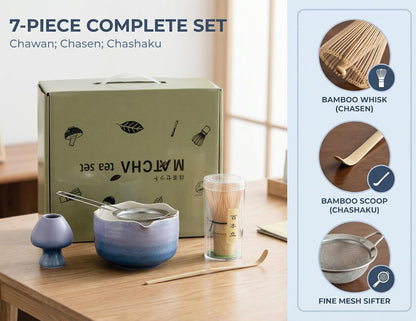 Matcha Whisk Set ,7 Pcs Matcha Set, Matcha Kit for Ceremony, Tradition Tea Set for Making Breakfast/Latte, with 20 OZ Bowl(Chawan)/Whisk and Holder, Valentine's Day Gift for Family/Friend Tea Lovers