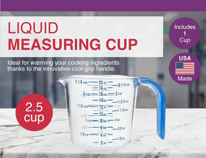 Arrow Home Products 03212 4-1/2 Cup Cool Grip Measure Cup, 36-Ounce Capacity, Plastic with Blue Handle and Graduates