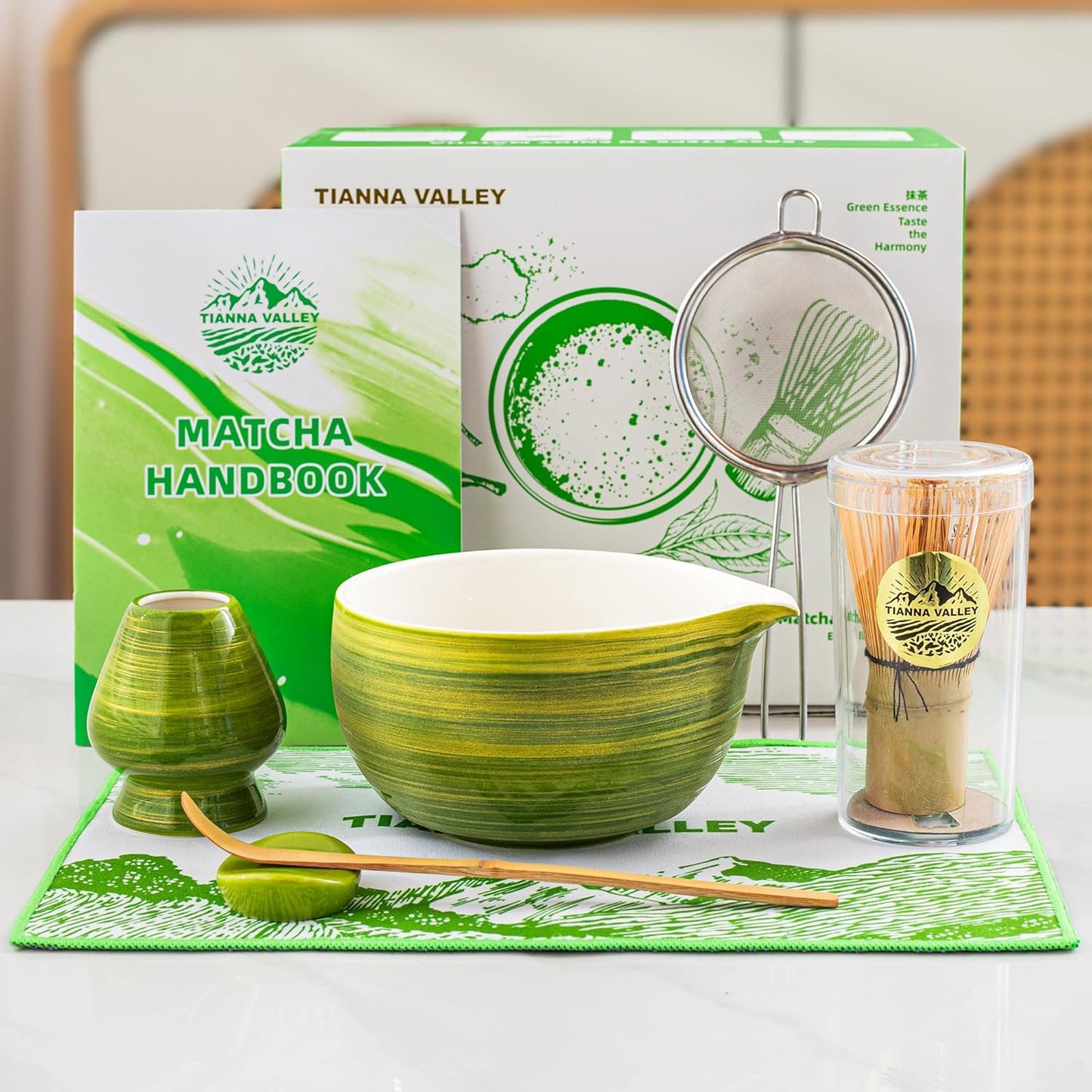 Matcha Whisk Set,7 Pcs Matcha Set Light Green,Matcha Kit for Ceremony,480Ml Ceramic Bowl(chawan) with Spout,Bamboo Whisk and Holder,Tradition Tea Set,Unique Gift