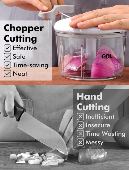GDL Food Chopper, Pull Onion Chopper Dicer, Hand Powered Food Mincer, Fast Cutting Hand Chopper for Oinon, Garlic, Nut, 3.4 Cups 0.8L, Red