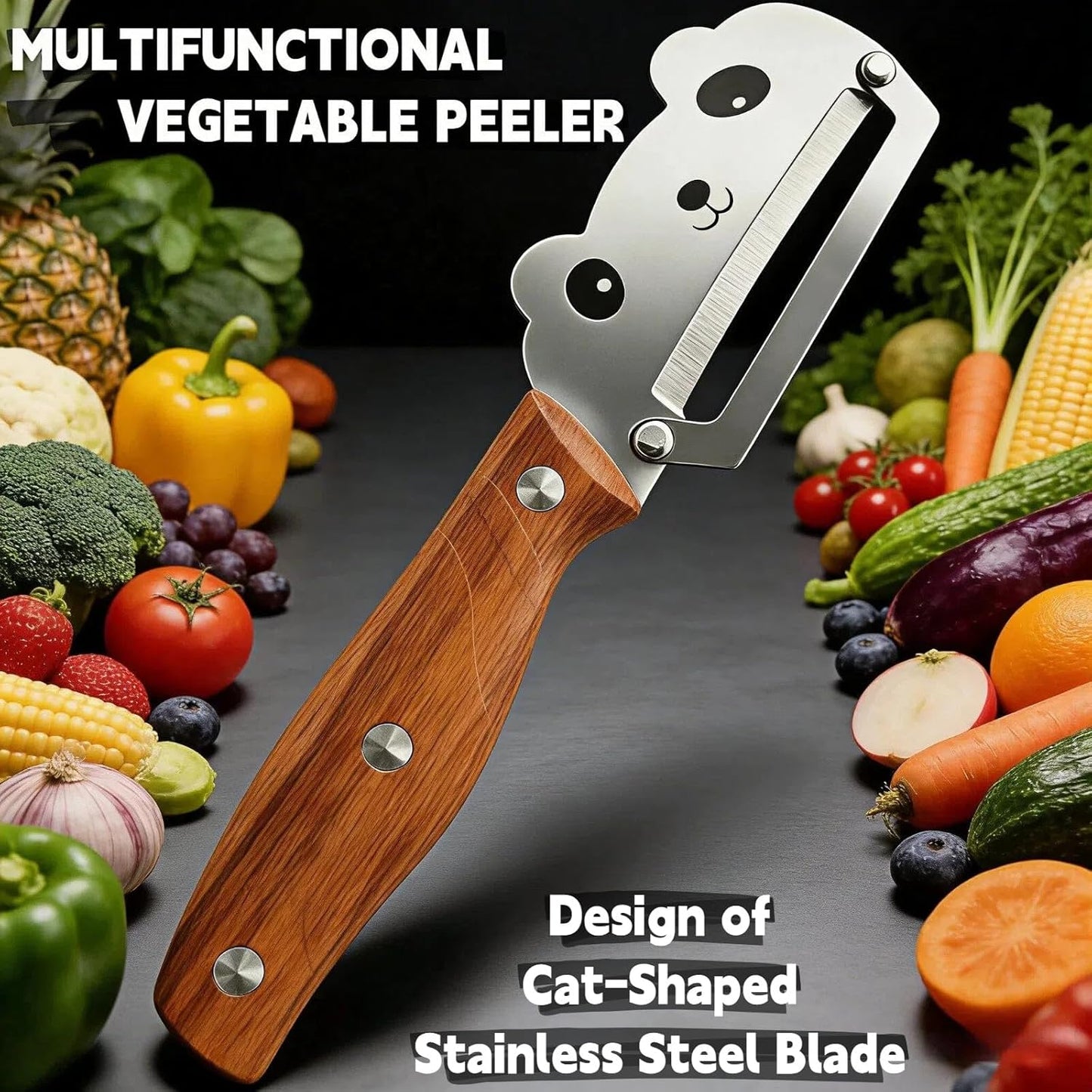 TEEVEA Multifunctional Vegetable Peeler, Zero Flex & Zero Snag, Stainless Steel with Wooden Handle, 2 in 1 Peeler with Bottle Opener for Fruit Potato Apple Carrot