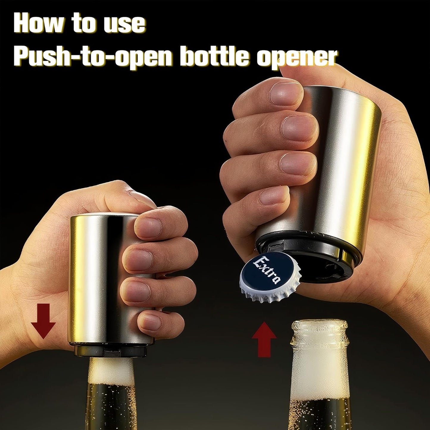Magnetic Beer Bottle Opener with Automatic Cap Catcher, Ultra Premium Stainless Steel Soda & Beer Bottle Opener, Push & Pull Convenient Design Bar Accessory