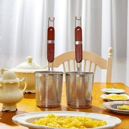 Tessco 4 Pcs Pasta Strainer, 4.7" x 5.2'' Stainless Steel Pasta Basket Mesh Cooker with Wood Handle, Spider Strainer Kitchen Skimmer for Food Dumpling Noodle Blanching(Dark Color)