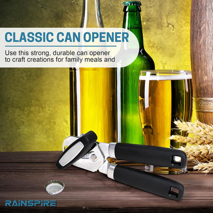 Rainspire Upgraded Can Opener Manual with Bottle Opener Smooth Edge Cut, Can Opener Heavy Duty, Comfortable Soft Handle, Built-in Bottle Opener, Black