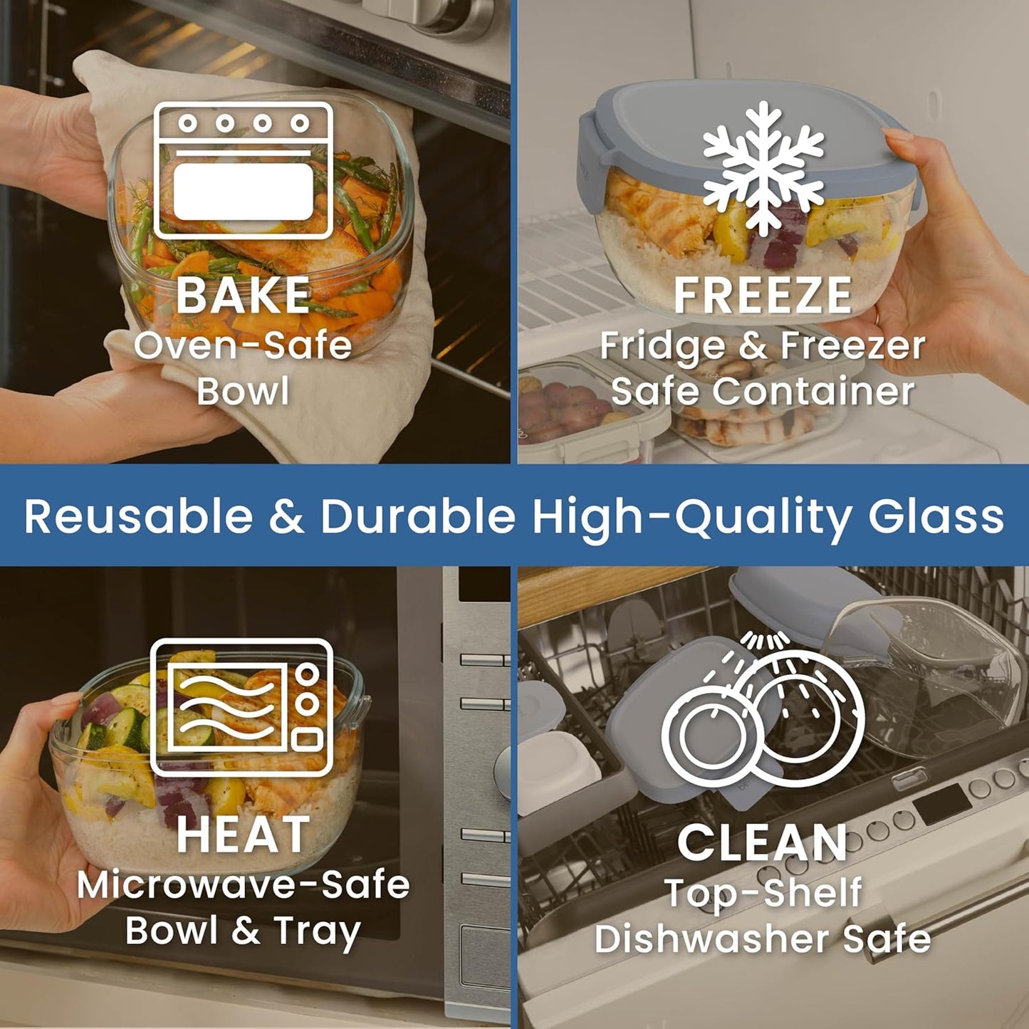 Bentgo Glass Prints Salad Container - 7.6-Cup Tinted Glass Salad Bowl with Airtight Lid, Leak-Proof Sauce Container, 4-Compartment Bento Meal Prep Tray & Reusable Fork (Floral Maximalist - Sea)