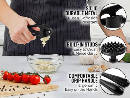 Zulay Kitchen Premium Garlic Press Set - Rust Proof Professional Garlic Mincer Tool - Easy-Squeeze, Easy-Clean with Soft, Ergonomic Handle - Silicone Garlic Peeler & Brush (Silver)