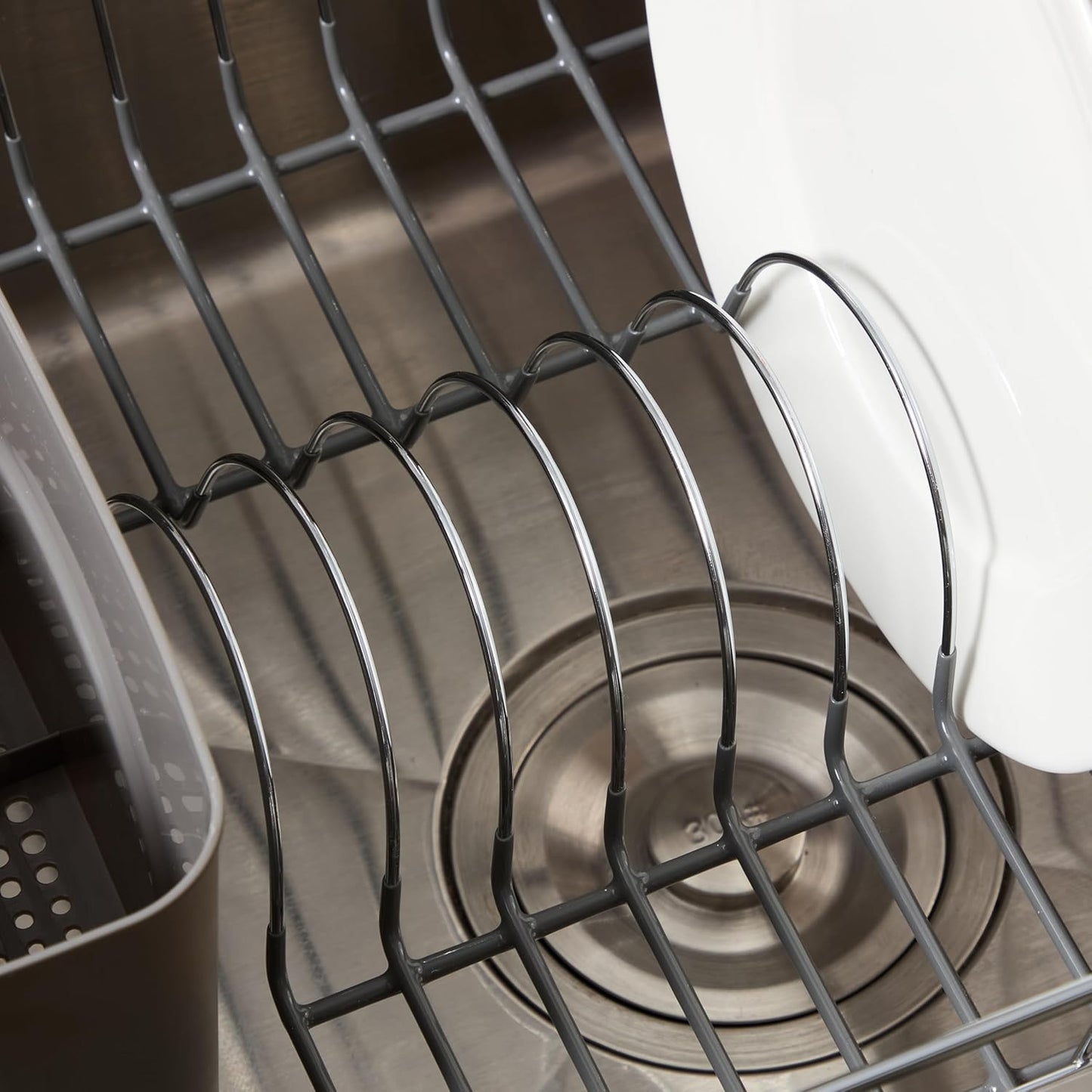 Dish Drying Rack & Cutlery Holder 2 Piece Set - Compact Sink-Fitting Dish Drainer with Rubberized Undercoating, Space-Saving Kitchen Organizer for Plates, Cups, Bowls & Utensils in Sink, Silver