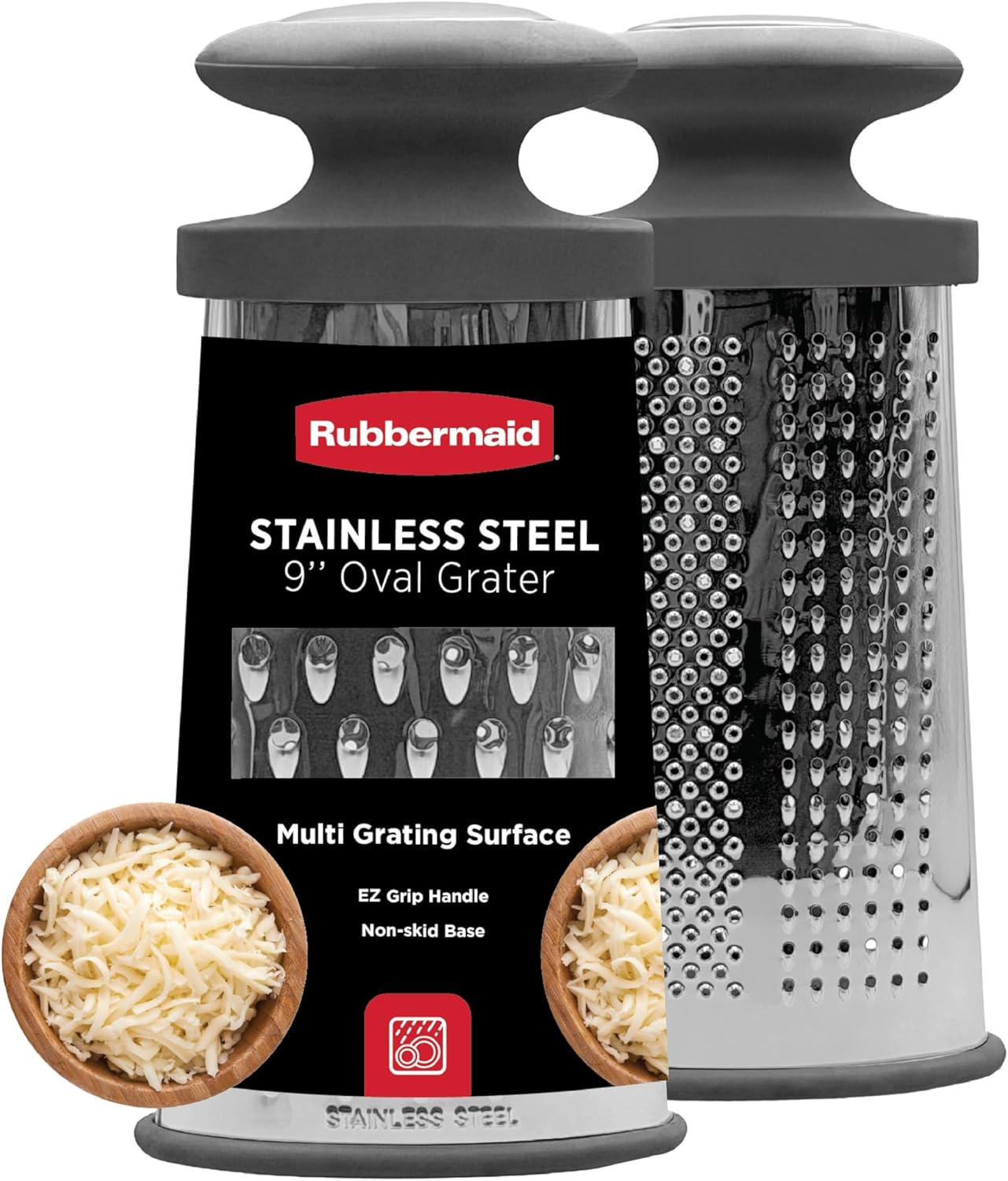 Rubbermaid Stainless Steel Cheese Grater - 9.5" Oval Handheld Box Grater with EZ Grip Handle - Multi-Surface Food & Cheese Shredder | Zester & Graters for Kitchen - Dishwasher Safe, Black
