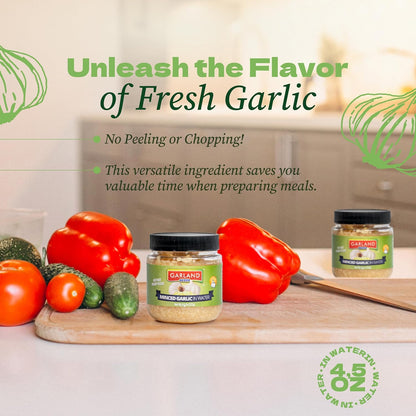 Garland Food Squeezable Minced Garlic in Water 9.5 oz – Made in the USA - Garlic Minced Squeeze Bottle for Fresh Flavor, Time-Saving Prep, and Versatile Uses in Every Dish