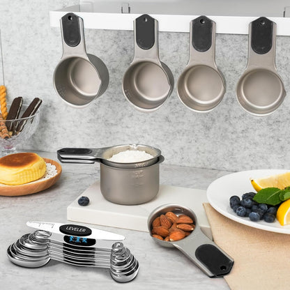 Magnetic Measuring cups and spoons Set, 304 Stainless Steel 5 Magnetic Measuring Cup and 8 Double Sided Measuring Spoons with 1 Leveler，Kitchen Gadgets for Cooking & Baking