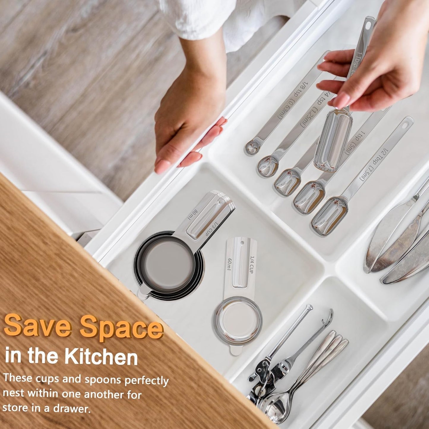 Magnetic Measuring Cups and Spoons Set, 7 Nesting Stainless Steel Measuring Cup Set with Easy to Read Markings, 7 Magnetic Measuring Spoons & 1 Leveler for Measuring Dry or Liquid Ingredients