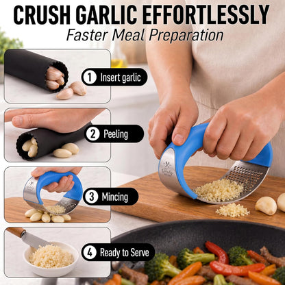 Zulay Kitchen Stainless Steel Garlic Press Rocker Set - Premium Garlic Mincer Garlic Crusher - New Innovative Garlic Crusher with Peeler and Scraper - Comfortable Grip (Black)