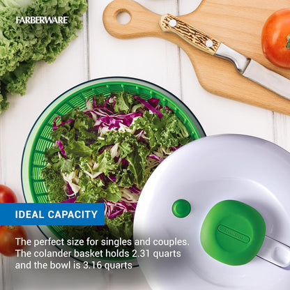 Farberware Easy to use pro Pump Spinner with Bowl, Colander and Built in draining System for Fresh, Crisp, Clean Salad and Produce, 6.6 quart, Green