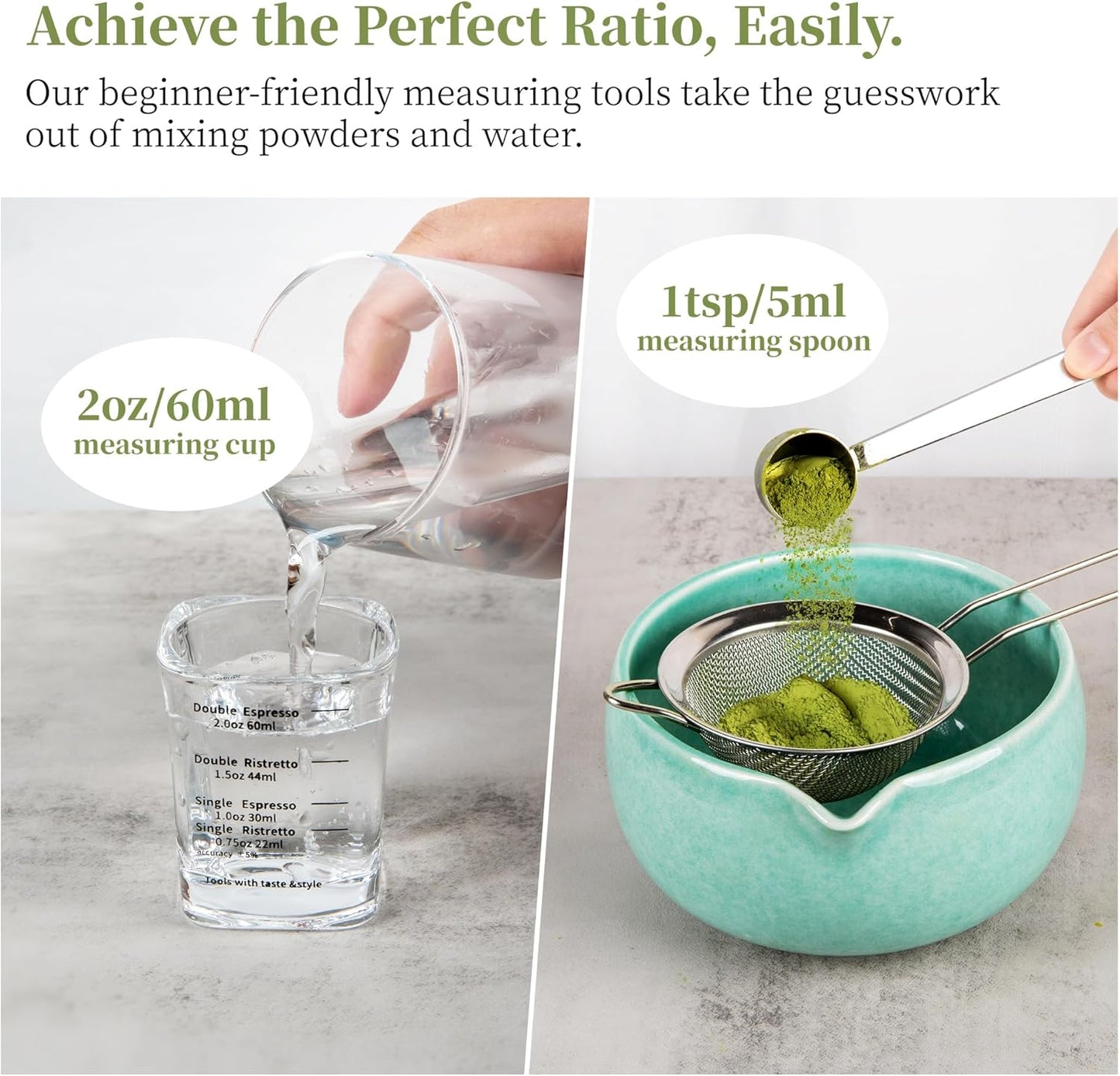 YIBO Matcha Whisk Set With Bowl, Ceramic Matcha Making Kit Includes Bamboo Whisk (Chasen), Holder Stand, Powder Starter Sifter, Scoop, Measuring Spoon & Cup Tea Tools For Ceremony (Mottled Green)