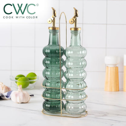 COOK WITH COLOR Glass Olive Oil Bottle Dispenser - 2 Pack- 17oz Oil and Vinegar Cruet - Olive Oil Carafe Decanter for Kitchen, Elegant Waves, Clear