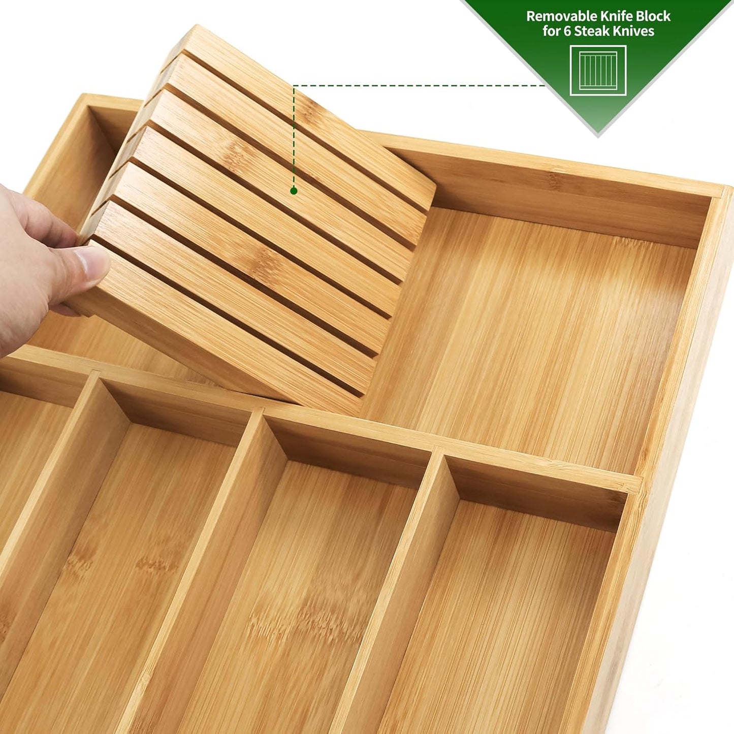 VaeFae Bamboo Silverware Drawer Organizer Kitchen, Expandable Utensil Organizer with Knife Block, Cutlery Tray with Divider, Multifunctional Drawer Organizer (Black)