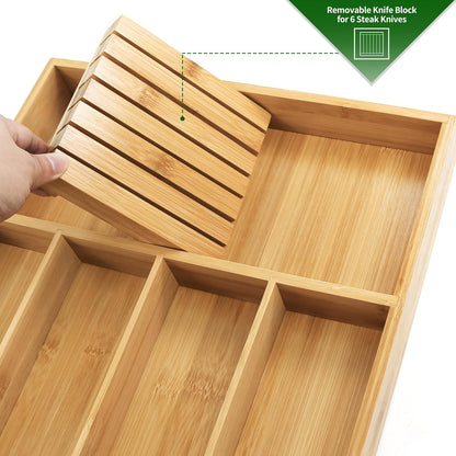 VaeFae Bamboo Silverware Drawer Organizer Kitchen, Expandable Utensil Organizer with Knife Block, Cutlery Tray with Divider, Multifunctional Drawer Organizer (Black)