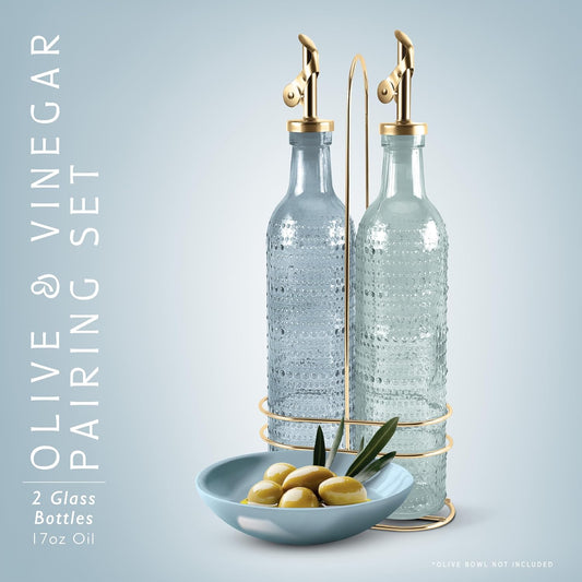 COOK WITH COLOR Glass Olive Oil Bottle Dispenser - 2 Pack- 17oz Oil and Vinegar Cruet - Olive Oil Carafe Decanter for Kitchen, Elegant Waves, Clear