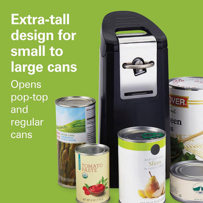 Hamilton Beach Smooth Touch Electric Automatic Can Opener with Easy Push Down Lever, Eliminates Sharp Edges, Opens All Standard-Size and Pop-Top Cans, Extra Tall, Black and Chrome (76606AG)