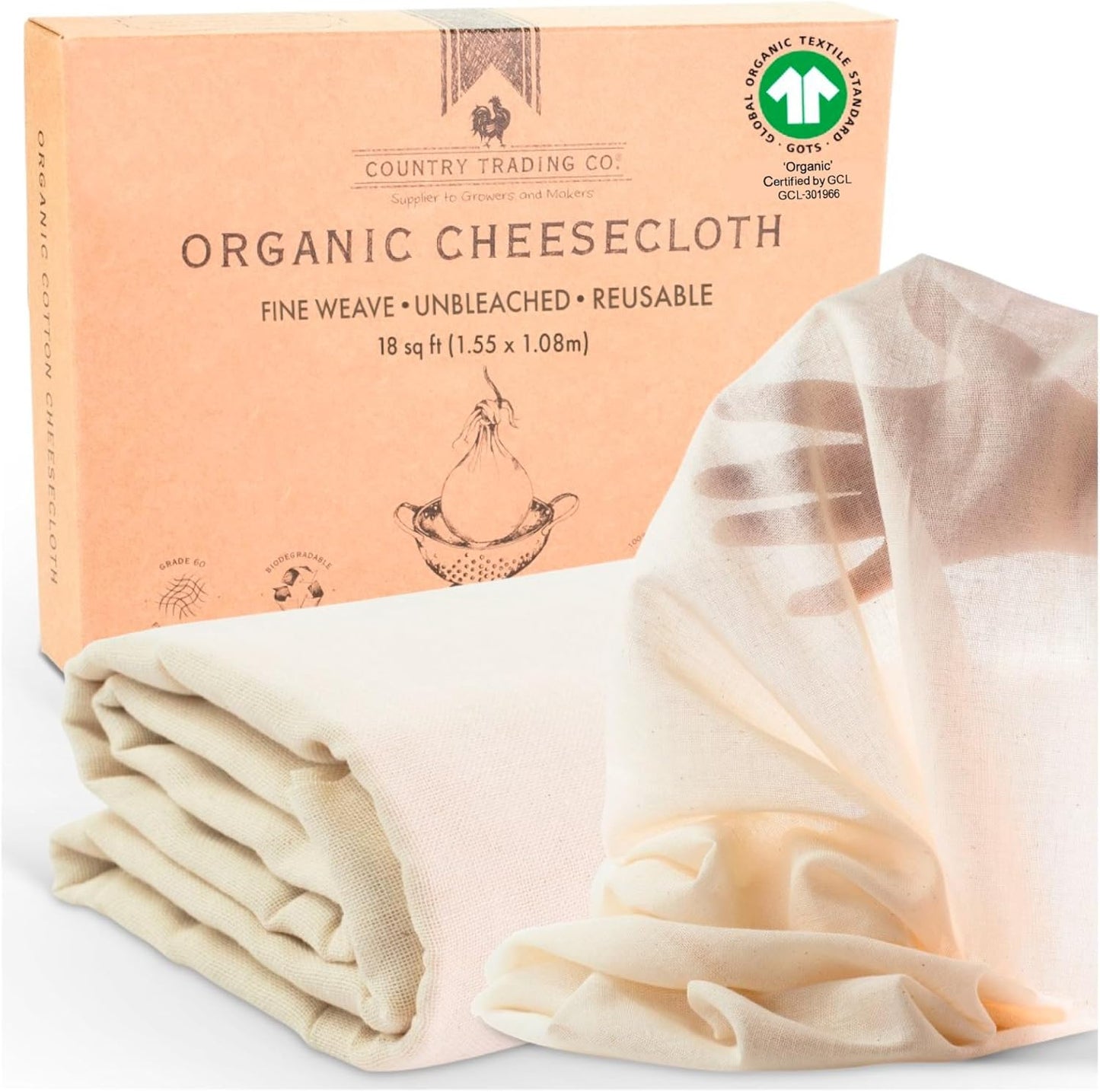 Organic Unbleached Cotton Cheesecloth – GOTS Certified Muslin Cloth for Straining & Cooking, Reusable Kitchen Filter, Large 18 sq ft