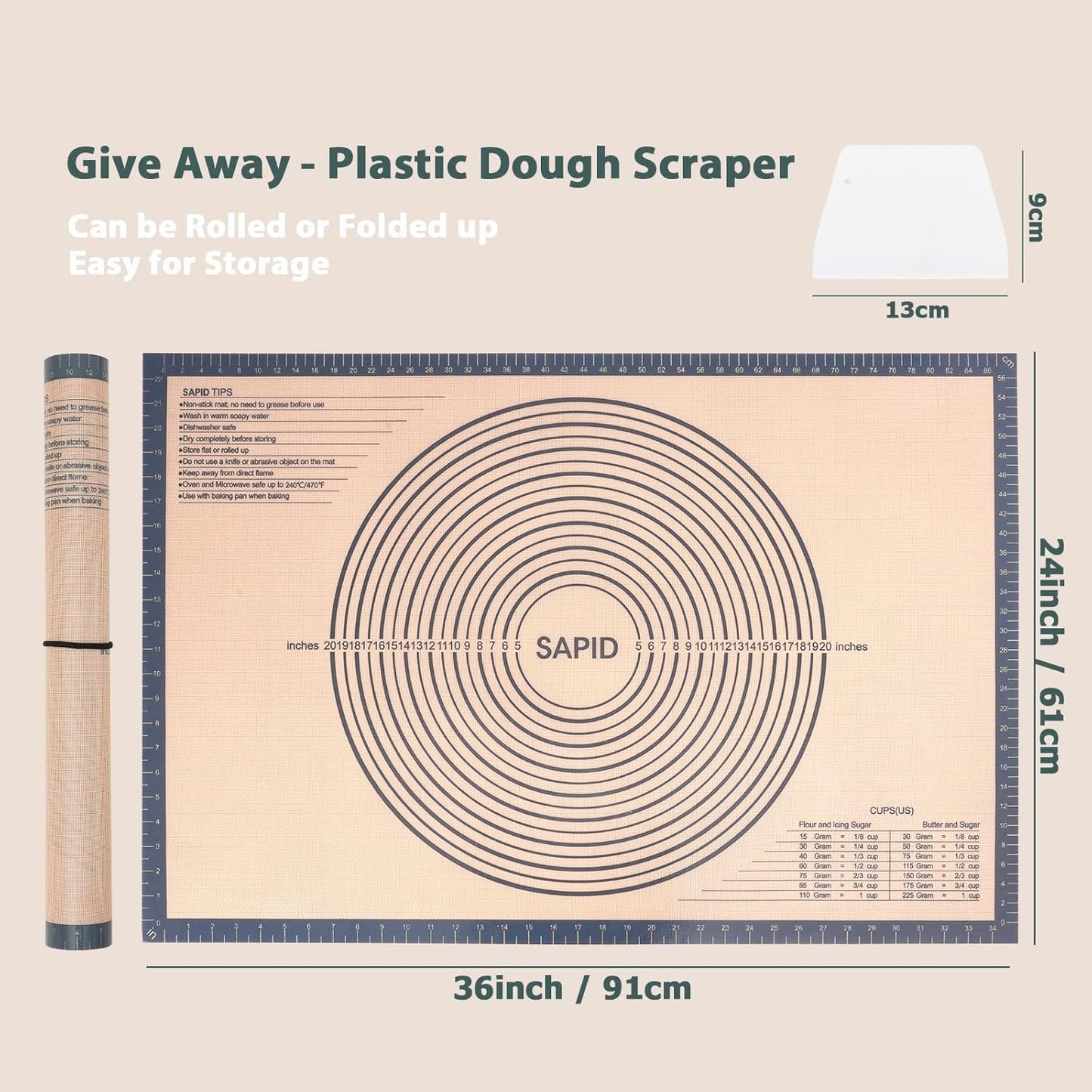 Sapid Extra Thick Silicone Pastry Mat Non-slip with Measurements for Non-stick Silicone Baking Mat Extra Large, Dough Rolling, Pie Crust, Kneading Mats, Countertop, Placement Mats (20" x 28",Gray)