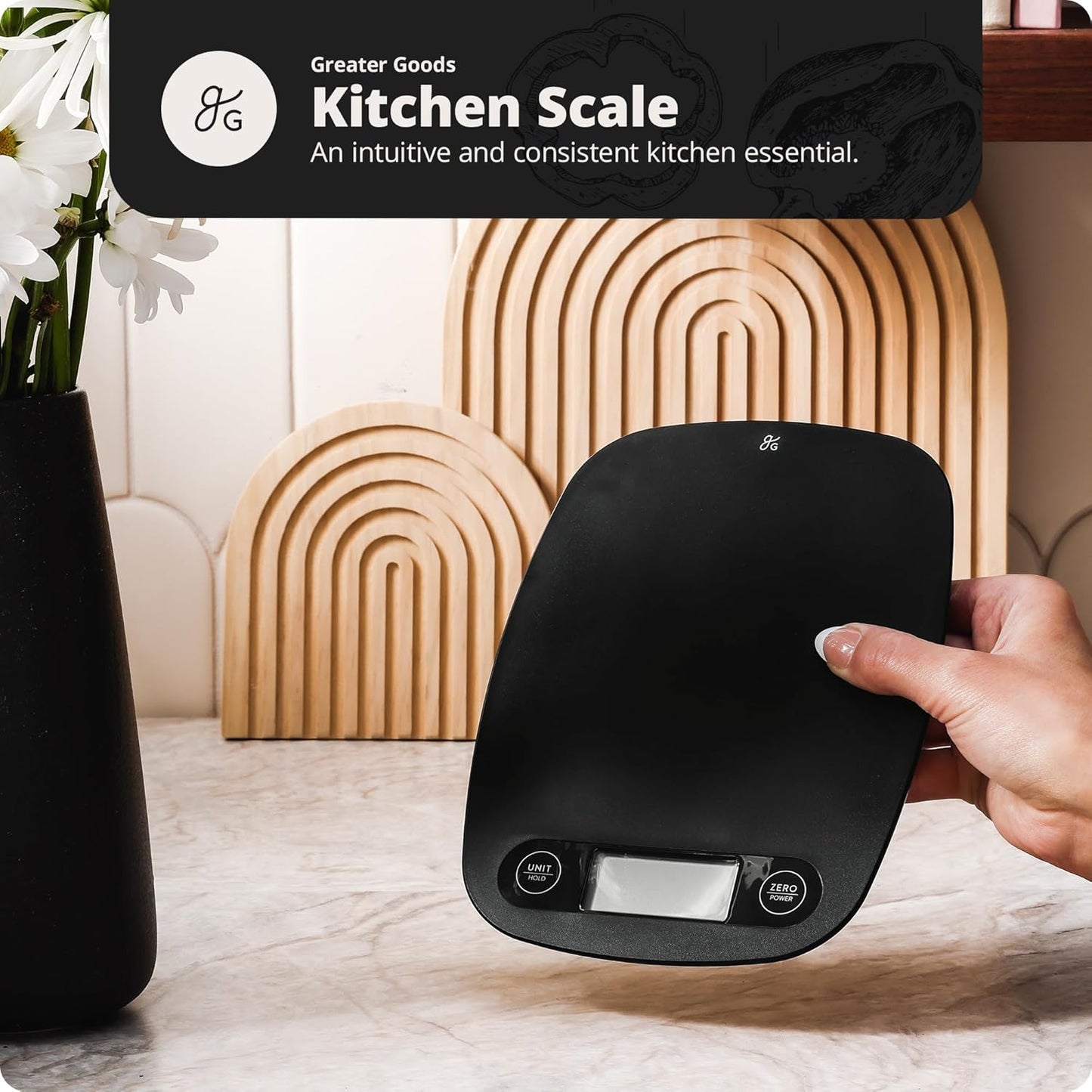 Greater Goods Food Scale – Digital Kitchen Scale, 1g Precision, Easy-Tare & Quick Conversion, Slim Compact Design, Durable & Portable | Ideal for Cooking, Baking & Meal Prep