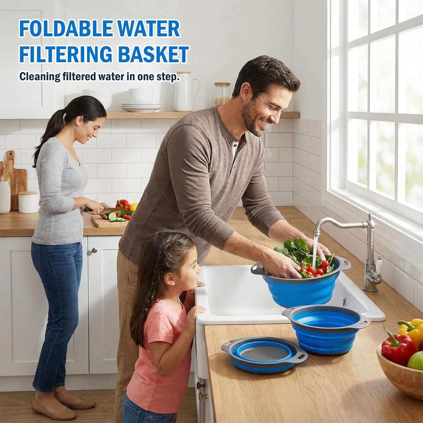Collapsible Colander Set, Silicone Collapsible Strainers for Kitchen, Perfect for Draining Pasta, Vegetable and Fruit, Food Strainer, Dishwasher Safe (3 Pack)