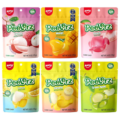 AMOS Peelerz Peelable Gummy Candy Variety Pack, Mango White Peach Banana Green Apple Passion Fruit Lychee, Soft Chewy Fruit Snack, Pack of 6