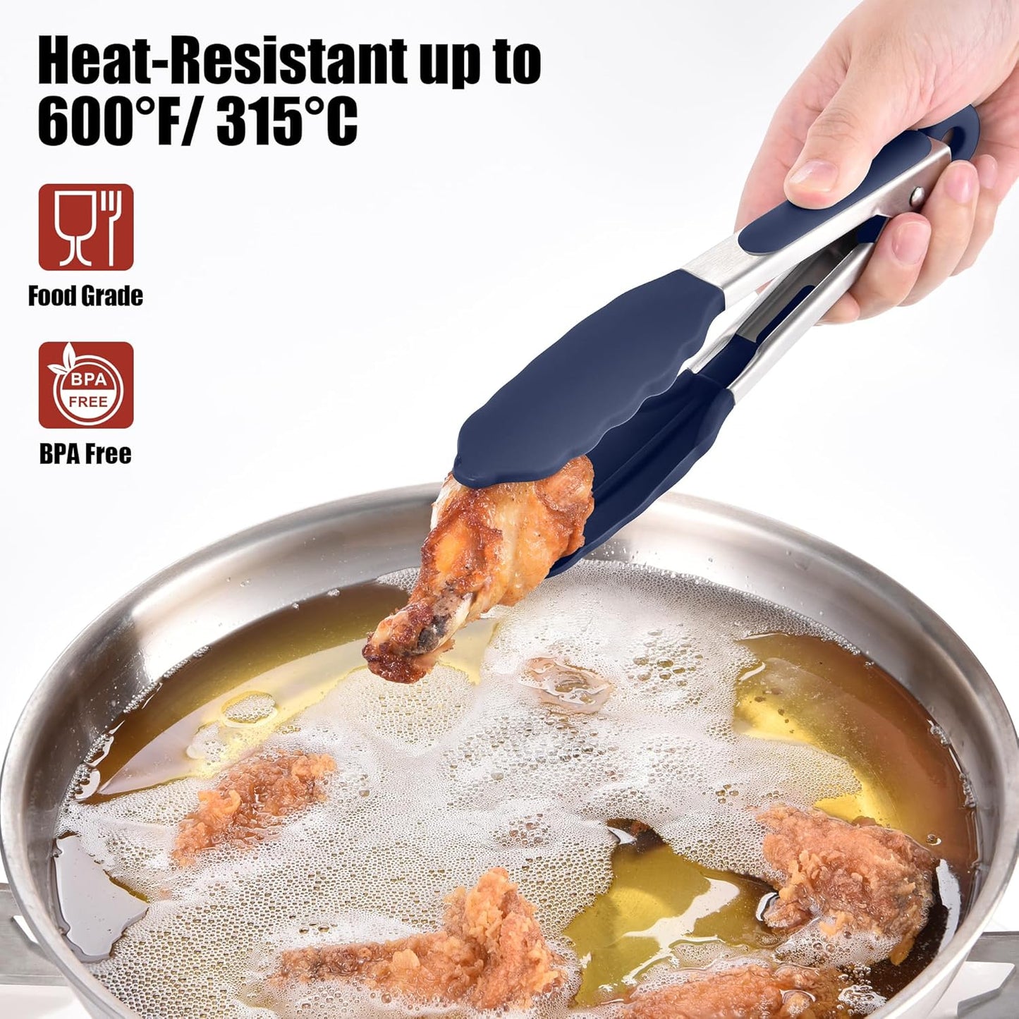 Doosu Kitchen Tongs for Cooking - 600°F Heat Resistant Food Tong Set with Non-Scratch Silicone Tips, Heavy Duty Stainless Steel Locking Tong for BBQ, Grilling Steak, Serving (7+9+12in, Navy Blue)