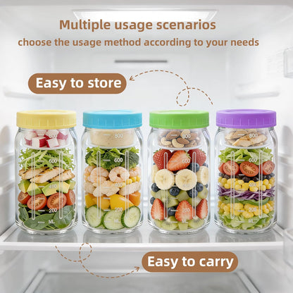 4Pack Glass Salad Jars with lids meal prep- 32oz Leakproof container for lunch | Comes with 2 Built-In Compartments for Wet/Dry Separation | salad dressing and dry ingredients storage.