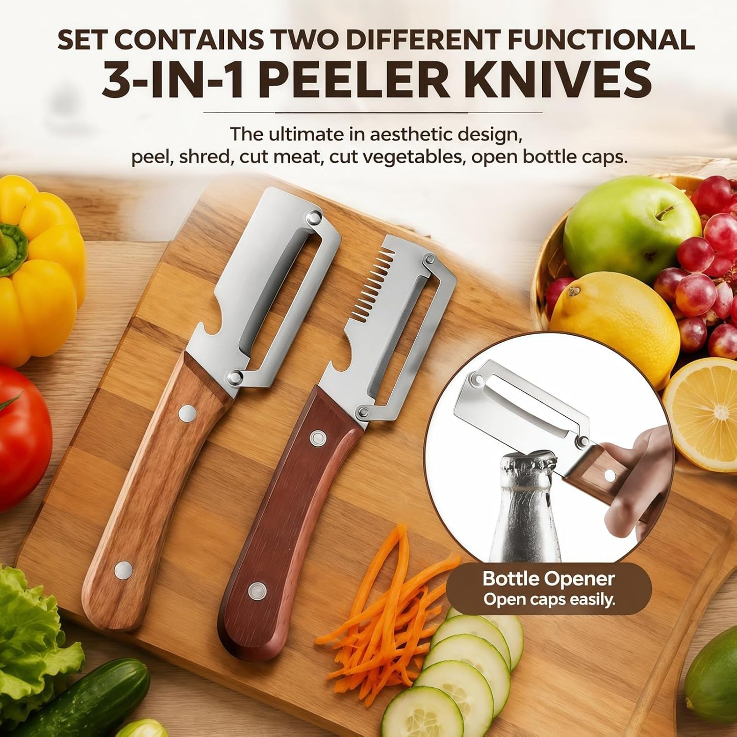 3-in-1 Vegetable Peeler with Scallion Shredder & Bottle Opener – Wide Stainless Steel Blade, Wooden Handle Julienne Cutter, Multi-Functional Kitchen Gadget for Home, Camping, Travel