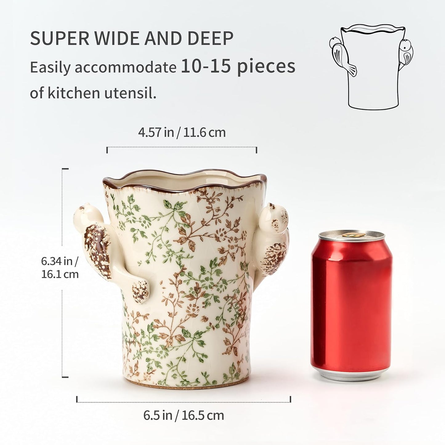 Utensil Holder for Kitchen Counter, Modern Farmhouse Rustic Cooking Utensil Holder and Crock, Exquisite Chinoiserie Floral Ceramic Utensil Organizer for Home Kitchen Decor- Green and Beige