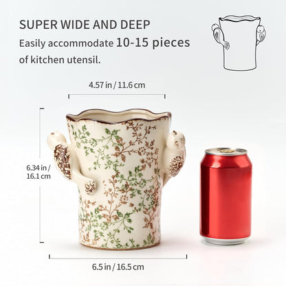 Utensil Holder for Kitchen Counter, Modern Farmhouse Rustic Cooking Utensil Holder and Crock, Exquisite Chinoiserie Floral Ceramic Utensil Organizer for Home Kitchen Decor- Green and Beige
