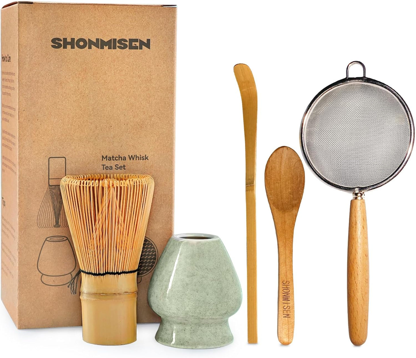 SHONMISEN Bamboo Matcha Whisk Set -Matcha Whisk (Chasen),Whisk Holder(White),Sifter,Tea Scoop and Tea Spoon