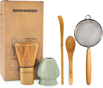 SHONMISEN Bamboo Matcha Whisk Set -Matcha Whisk (Chasen),Whisk Holder(White),Sifter,Tea Scoop and Tea Spoon