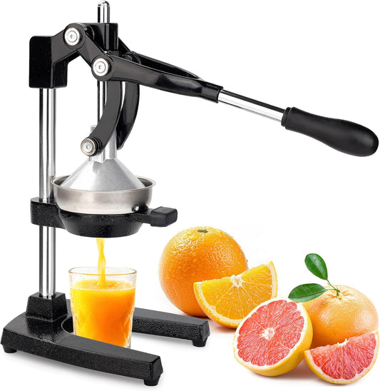 Fyvva Cast Iron Juicer, Extra-Large Manual Juicer Hand Press, Heavy-Duty, for Lemons, Oranges, Pomegranates, Grapefruits, and Other Fruits, Easy-to-Use and Clean Stainless Steel Lemon Squeezer (Black)