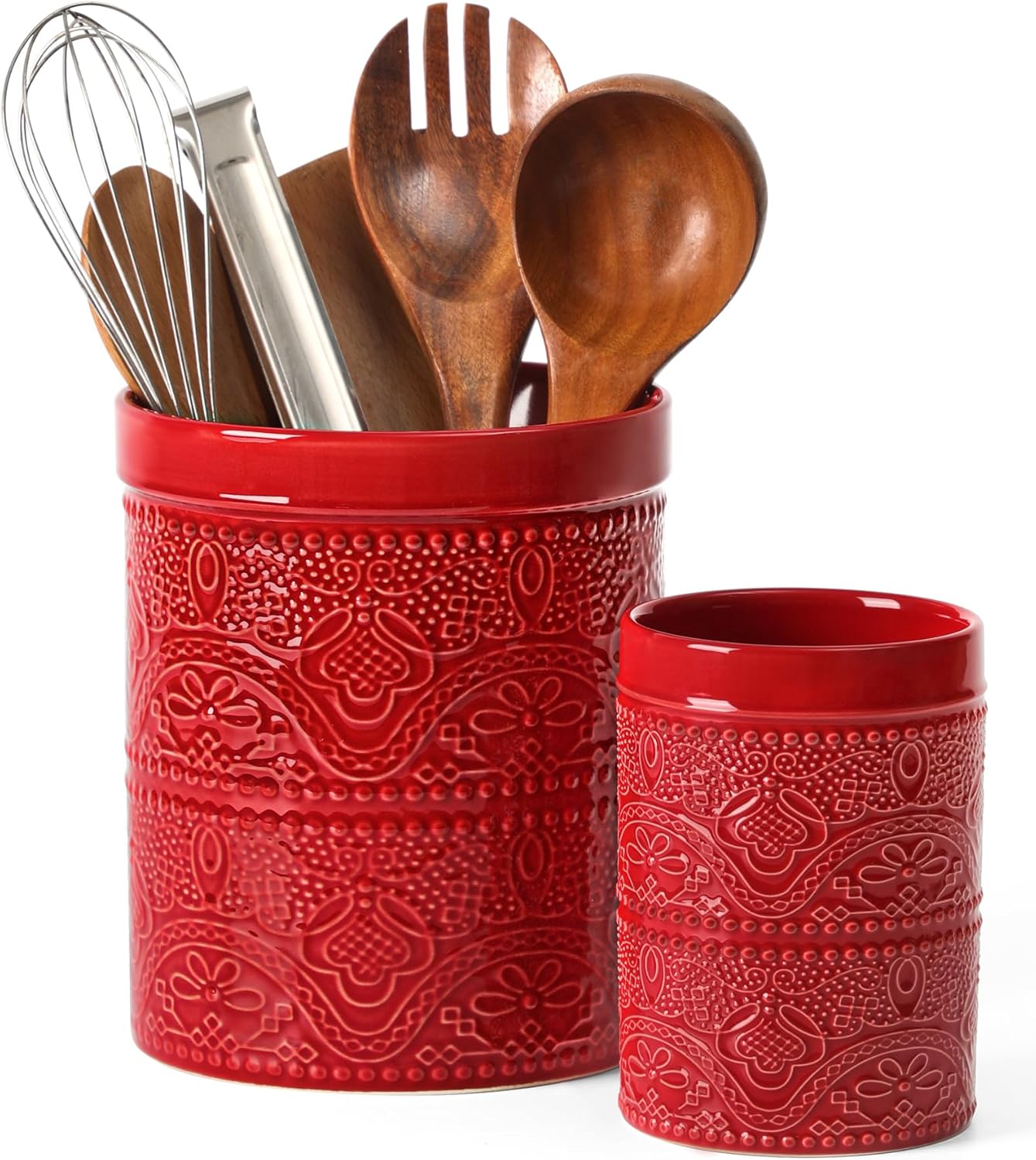 FUN ELEMENTS Kitchen Utensil Holder, 7.2" Super Large Utensil Crock Heavy and Stable Lace Emboss Ceramic Utensil Holder for Kitchen Counter (Bright White)