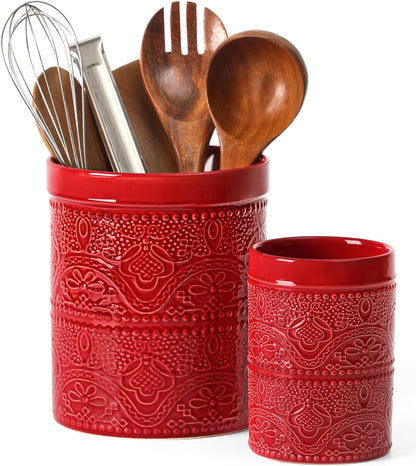 FUN ELEMENTS Kitchen Utensil Holder, 7.2" Super Large Utensil Crock Heavy and Stable Lace Emboss Ceramic Utensil Holder for Kitchen Counter (Bright White)