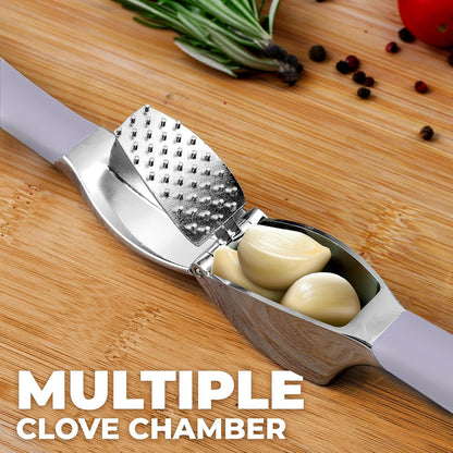 Zulay Kitchen Comfort Grip Garlic Press - Garlic Mincer Tool - Garlic Crusher - Garlic Press Mincer Rust Proof, with Soft Ergonomic Handle, Easy Clean Set with Peeler and Brush - Red