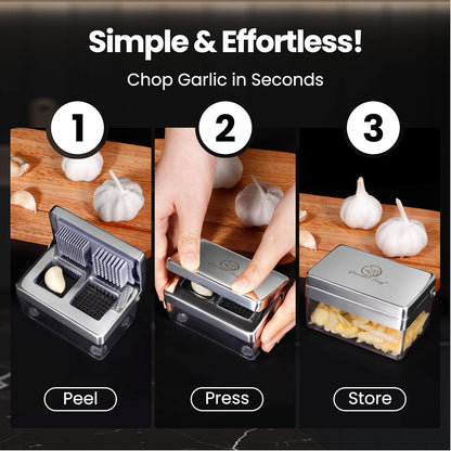 Garlic Press Stainless Steel, Garlic Chopper Mini & Slicer Super Thin 2 in 1, Odor Free Ginger Dicer With Storage Container, Dishwasher Safe Mini Chopper, Premium Mincer with 5-Year warranty