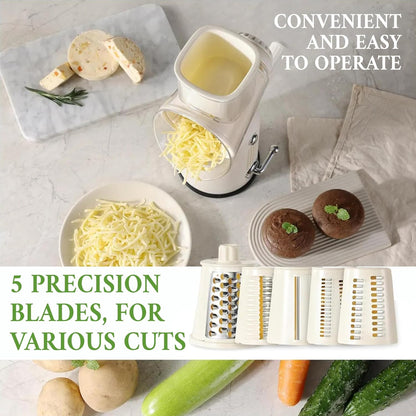Rotary Cheese Grater with Handle – Multi-Purpose Vegetable Shredder with 5 Interchangeable Blades, Strong Suction Base & Storage Box – Round Mandoline Slicer and Food Chopper for Kitchen