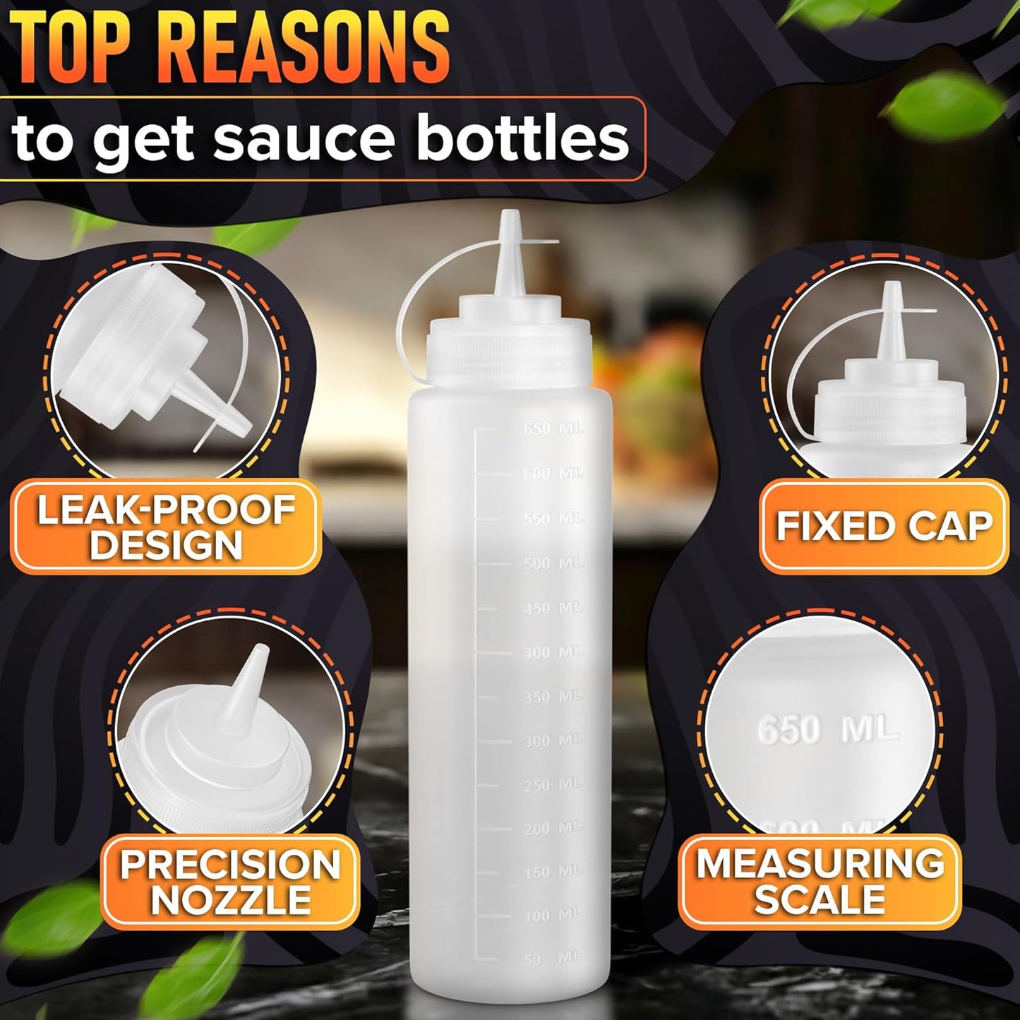 Set of 6 Inverted Condiment Squeeze Bottles 16 oz – Upgraded Design with Added Sealing Gaskets, Self-Closing Valve, Easy-to-Fill Clear Bottles for Sauces, Dressings, Ketchup, Mustard for Everyday Use