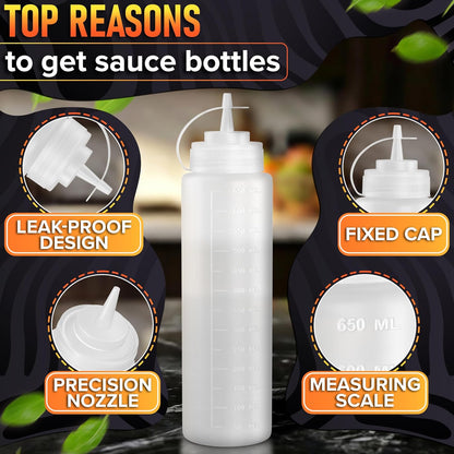 Set of 6 Inverted Condiment Squeeze Bottles 16 oz – Upgraded Design with Added Sealing Gaskets, Self-Closing Valve, Easy-to-Fill Clear Bottles for Sauces, Dressings, Ketchup, Mustard for Everyday Use