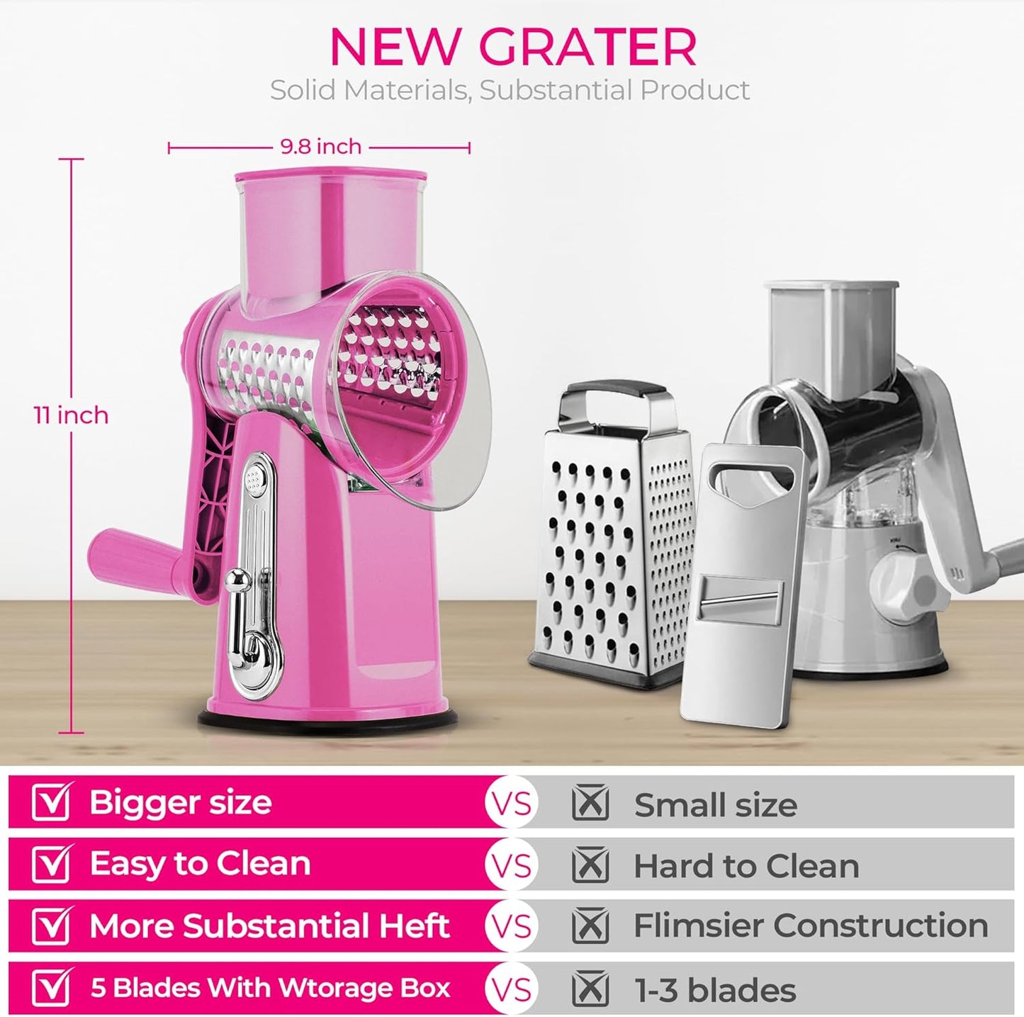 SUSTEAS Rotary Cheese Grater with Handle - Vegetable Shredder with 5 Well-designed Blades & Strong Suction Base,Round Mandoline Slicer & Food Chopper for Kitchen,with Blade Storage Box(Beige)