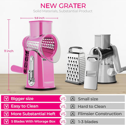 SUSTEAS Rotary Cheese Grater with Handle - Vegetable Shredder with 5 Well-designed Blades & Strong Suction Base,Round Mandoline Slicer & Food Chopper for Kitchen,with Blade Storage Box(Beige)