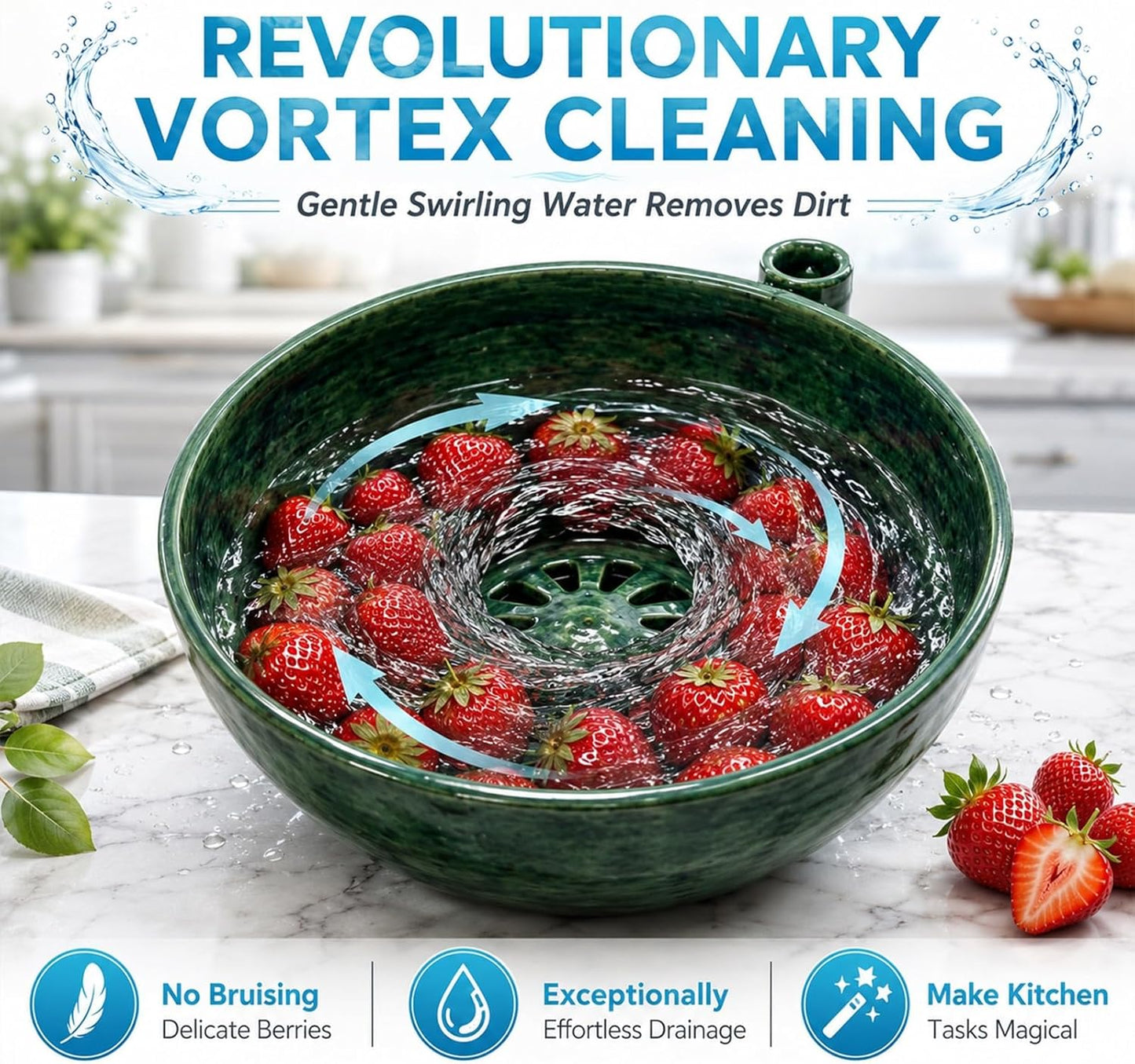 Self Spinning Washing Berry Bowl, Original Ceramic Fruit Vortex Washer with Drainage Holes, Quick Rotating Swirl Colander Basket for Kitchen Counter, Handmade Cleaning Strainer Equipment