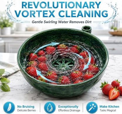 Self Spinning Washing Berry Bowl, Original Ceramic Fruit Vortex Washer with Drainage Holes, Quick Rotating Swirl Colander Basket for Kitchen Counter, Handmade Cleaning Strainer Equipment